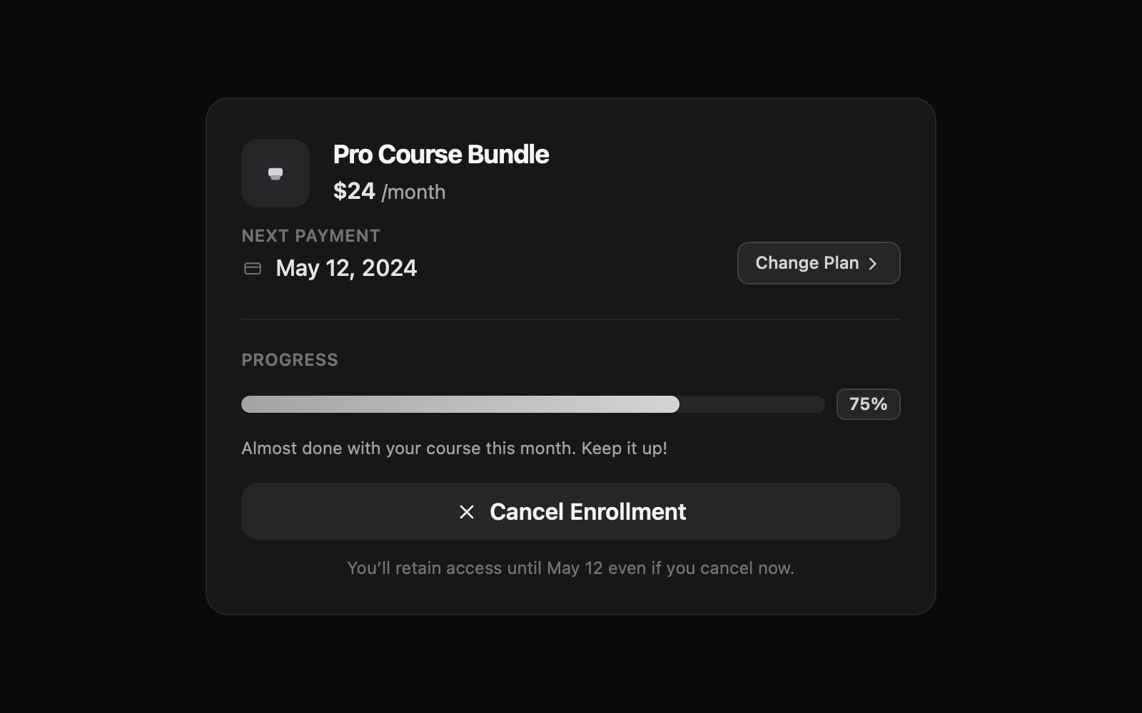 Preview for Subscription Payment and Progress Panel