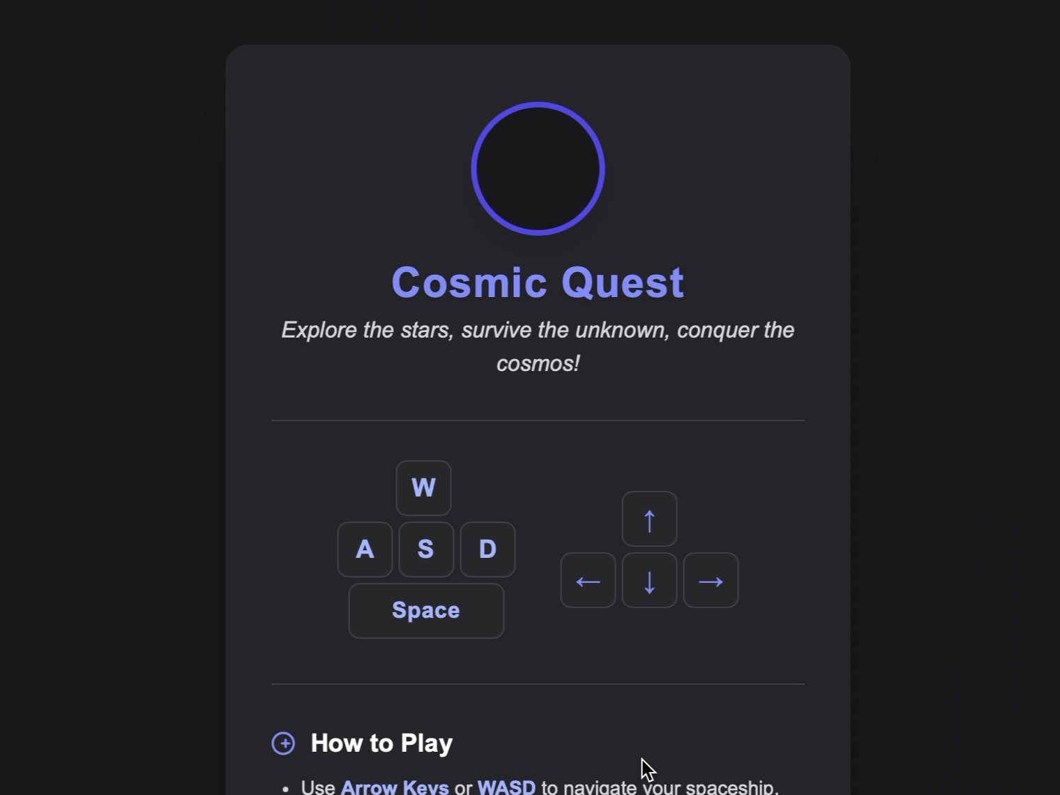 Preview for Game Intro Card with Controls
