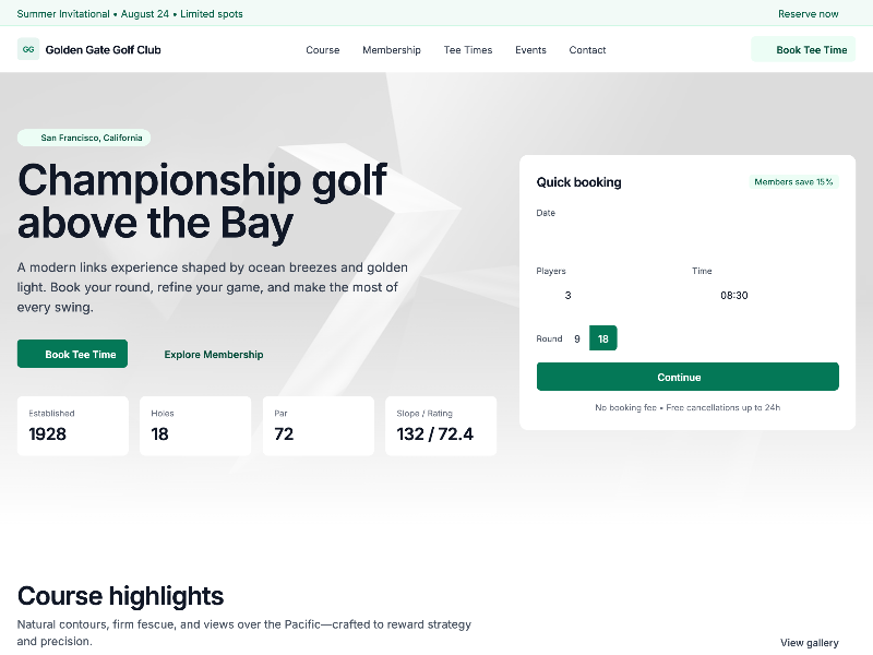 Preview for Golf Club Booking and Info UI v1