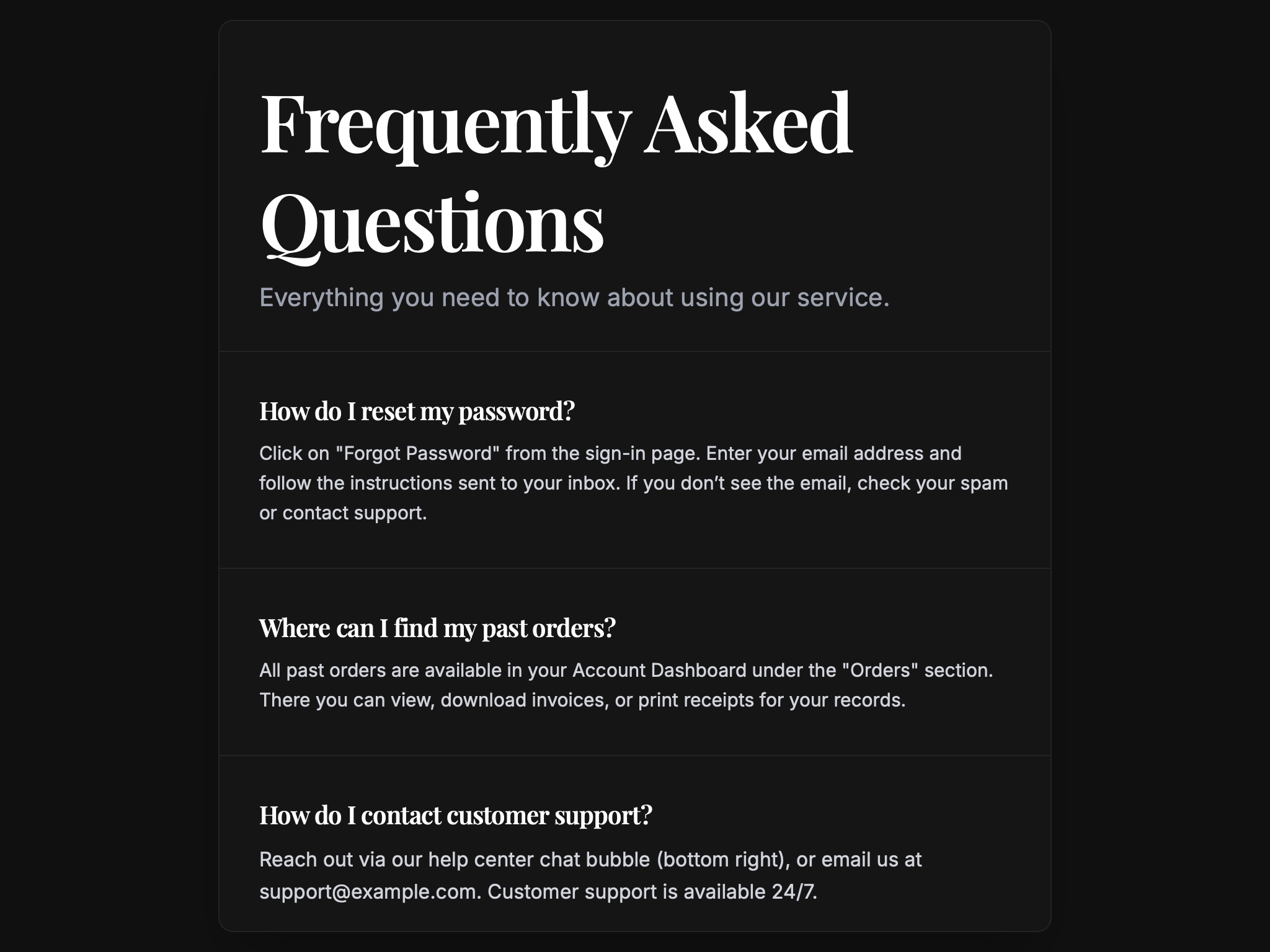 Preview for FAQ Section with Dark Theme