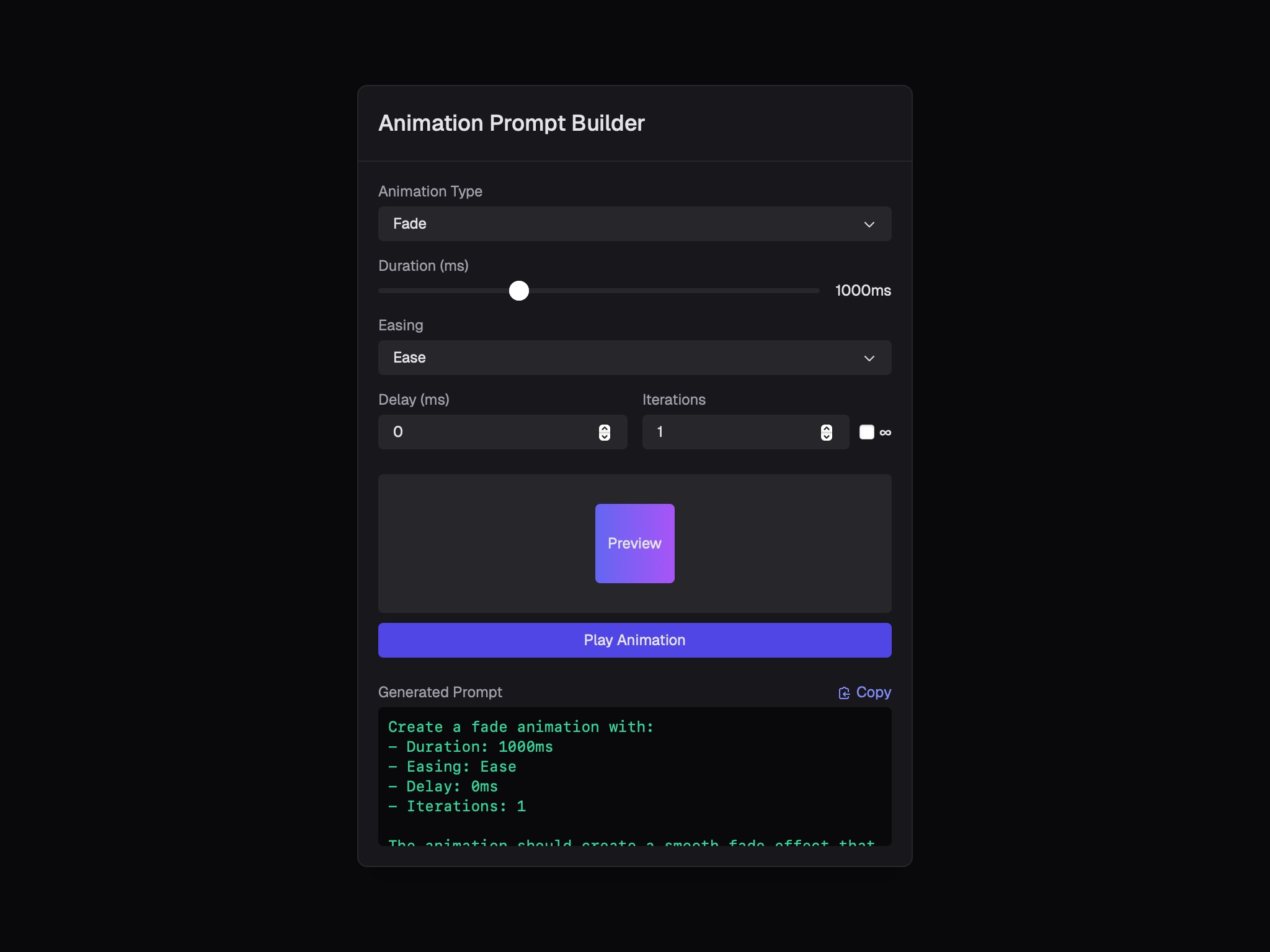 Preview for Animation Prompt Configuration Panel