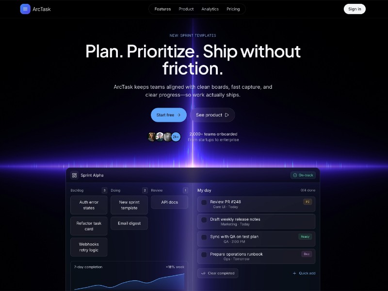 Preview for ArcTask Project Management Landing Page Template