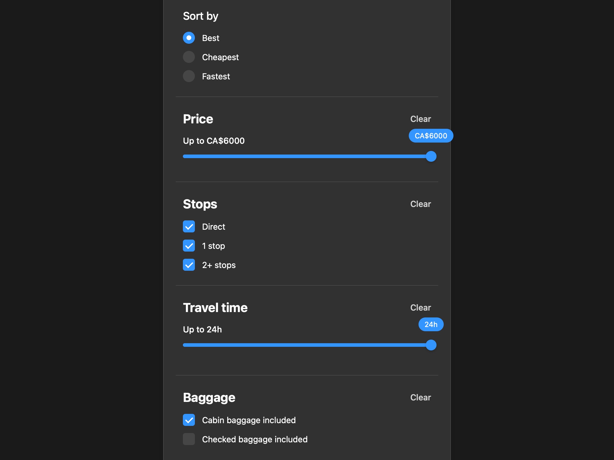 Preview for Flight Search Filter UI