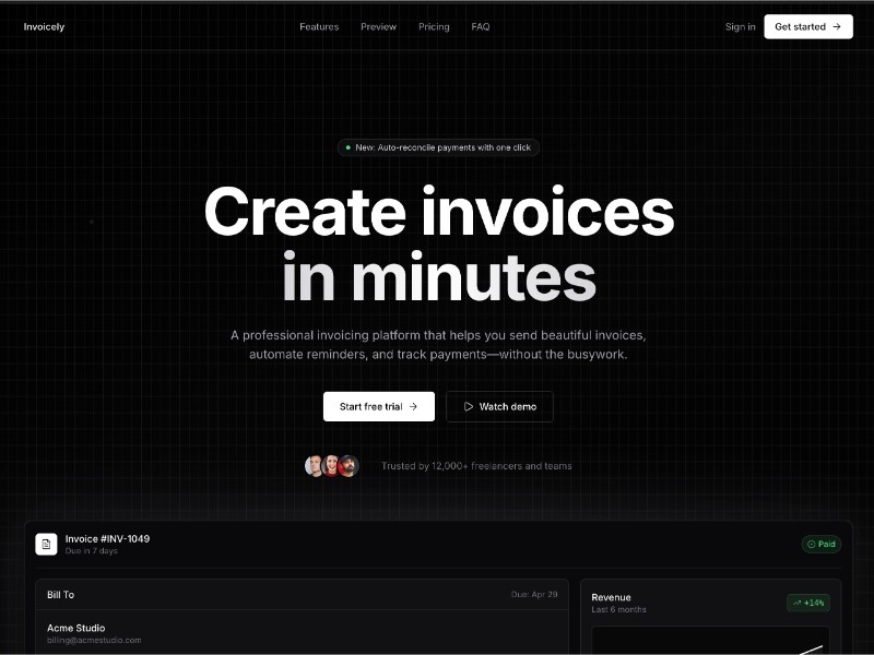 Preview for Invoicely Invoicing Landing Page Template