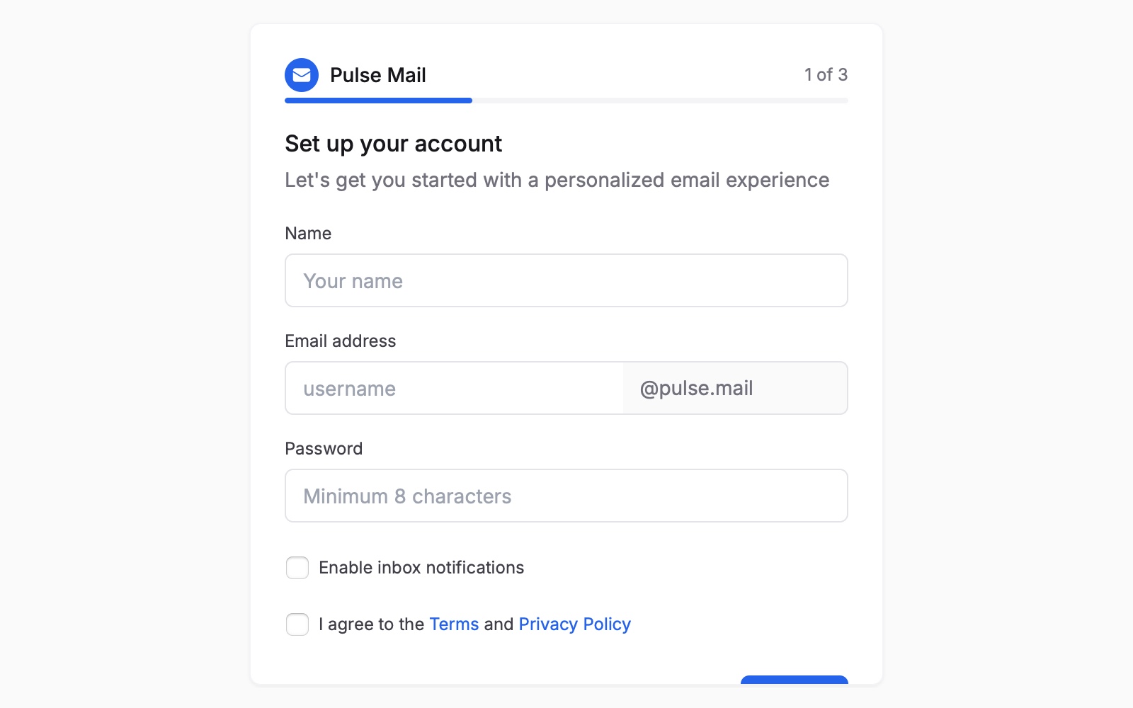 Preview for Email Account Setup Interface