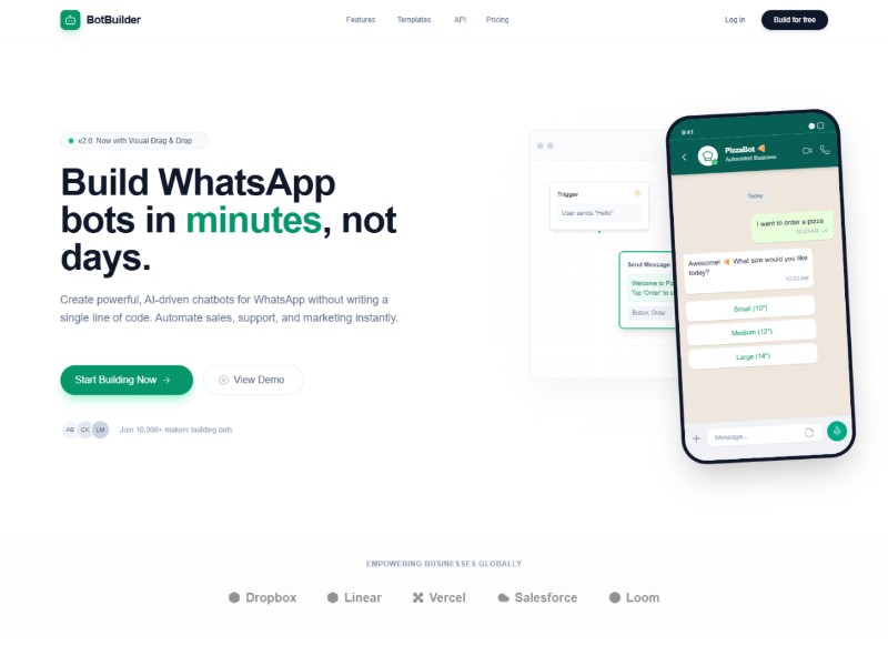 Preview for WhatsApp Bot Builder Landing Page Template