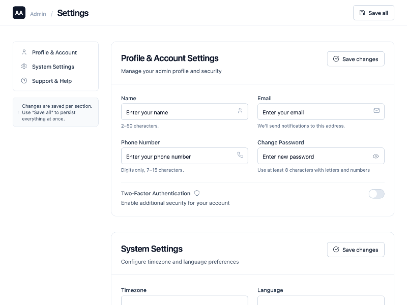Preview for Admin Settings Dashboard Template
