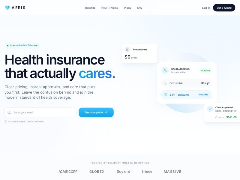 Preview for Aeris Modern Health Insurance Landing Page Template