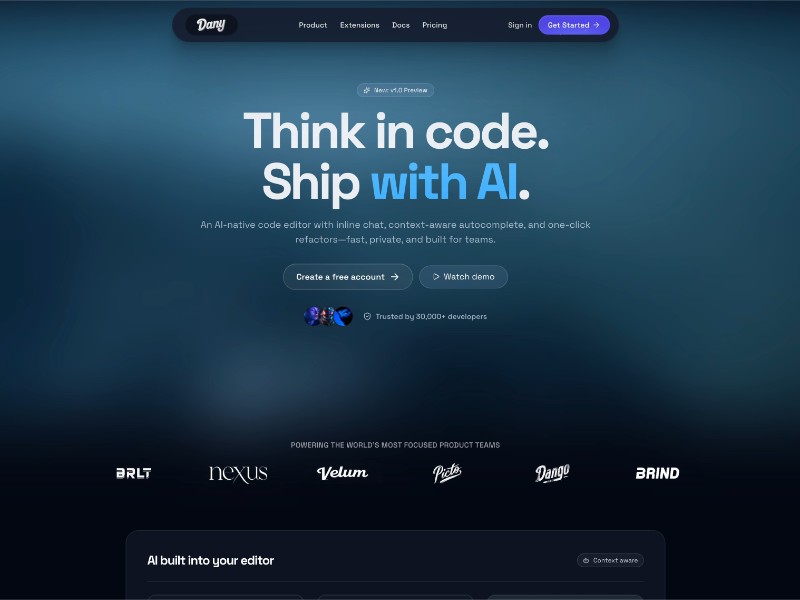 Preview for AI-Native Code Editor Landing Page Template