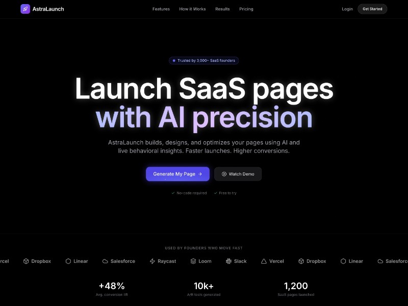 Preview for AstraLaunch SaaS Landing Page Template