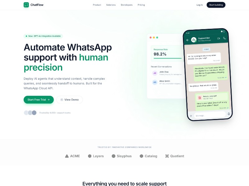 Preview for AI Support ChatFlow Landing Page Template