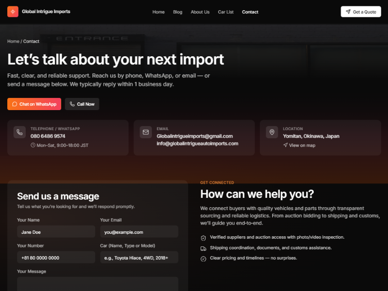 Preview for Auto Imports Contact Landing Page Template
