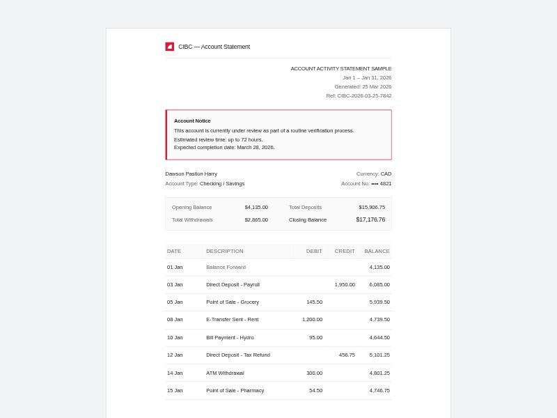 Preview for Bank Account Statement Template