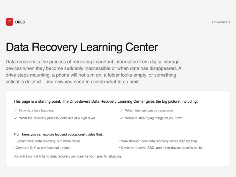 Preview for Data Recovery Learning Center Landing Page Template