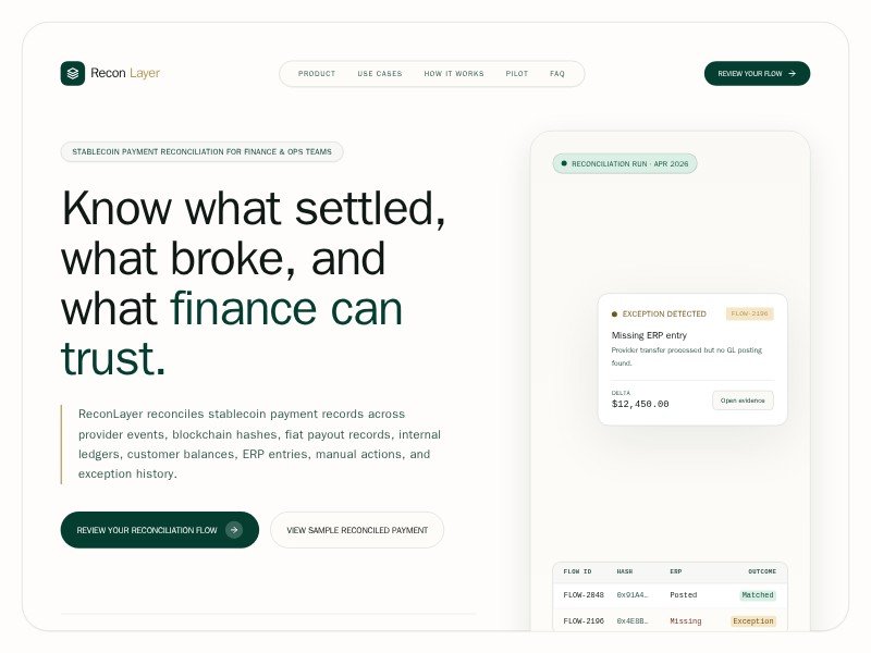 Preview for ReconLayer FinTech Landing Page Template