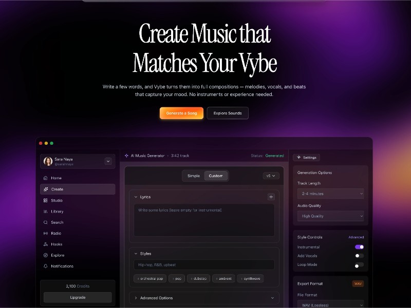 Preview for Vybe AI Music Creation Landing Page Template
