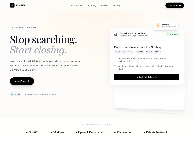 Preview for FluxRFP Premium RFP Curation Landing Page Template