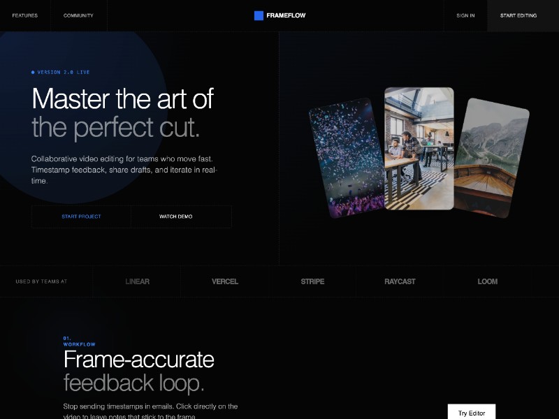 Preview for FrameFlow Collaborative Video Editing Landing Page Template