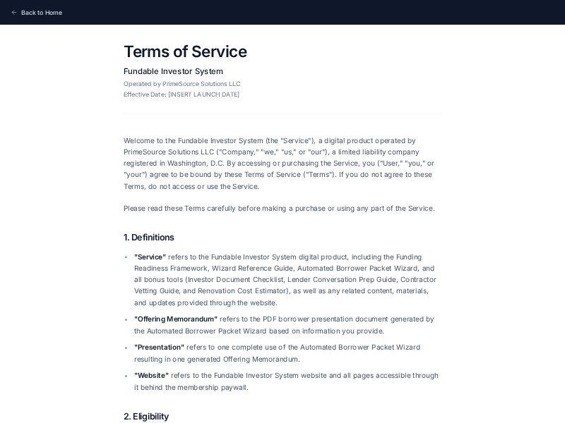 Preview for Fundable Investor System Legal Terms Page Template