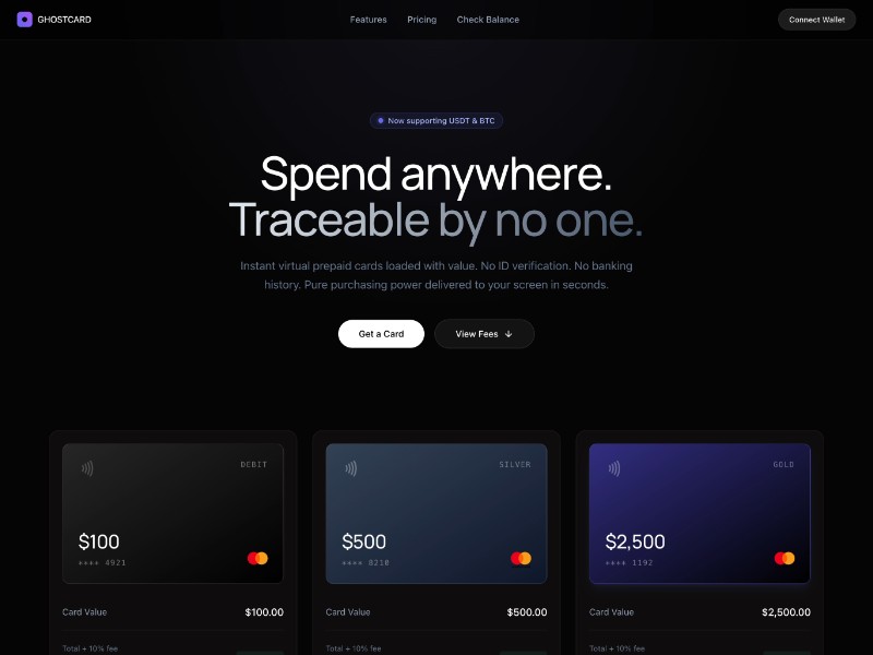 Preview for GhostCard Crypto Prepaid Card Landing Page Template