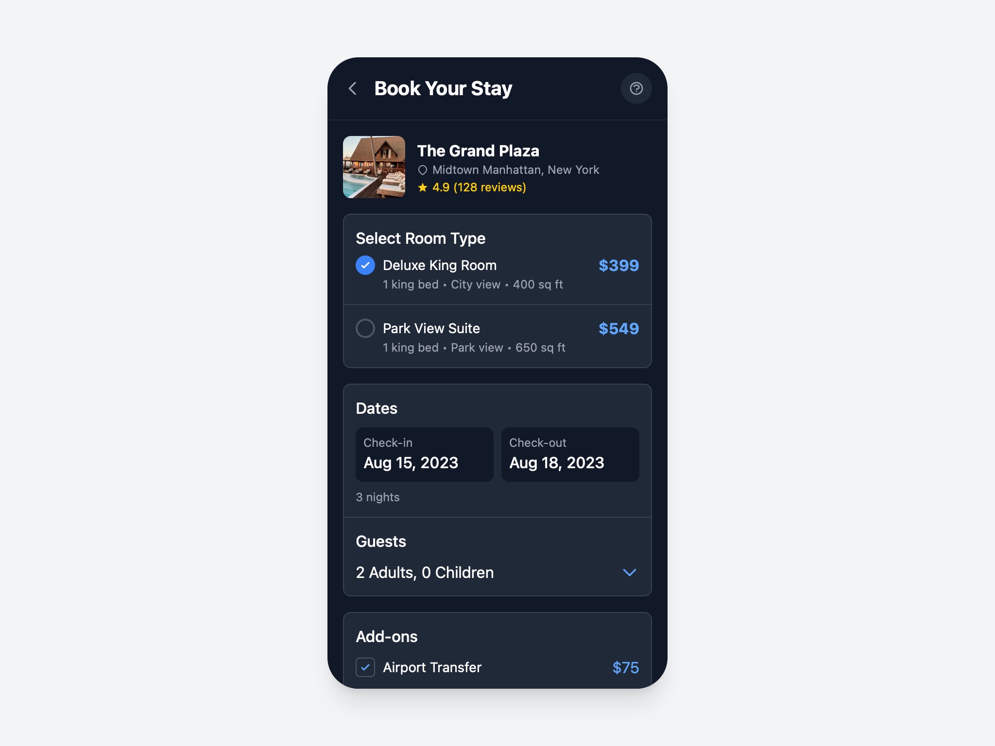 Preview for Hotel Stay Booking Interface