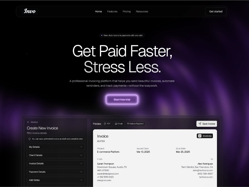 Preview for Invoicely Invoicing Landing Page Template