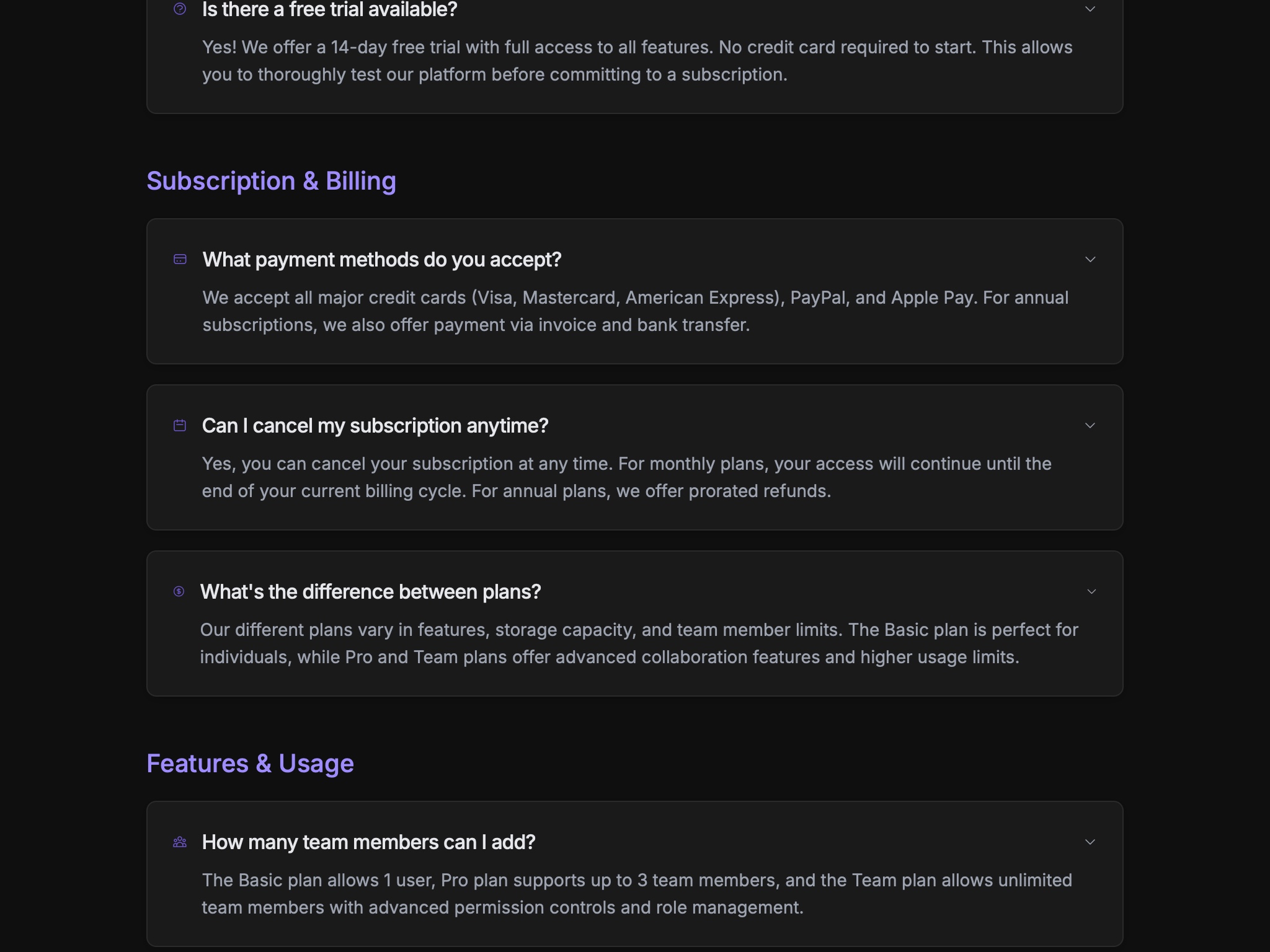 Preview for FAQ Section with Expandable Items