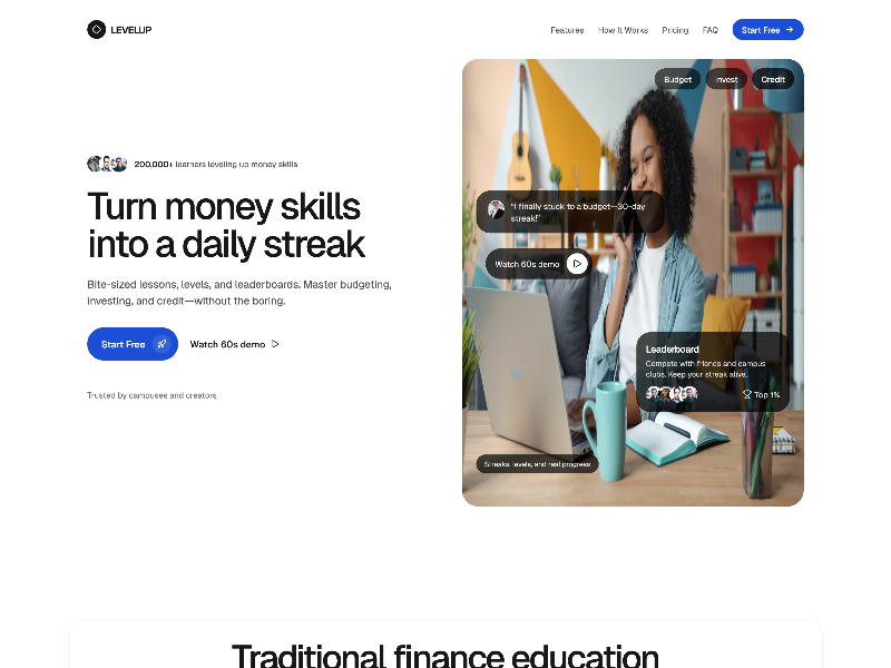 Preview for LevelUp Money Financial Literacy Landing Page Template