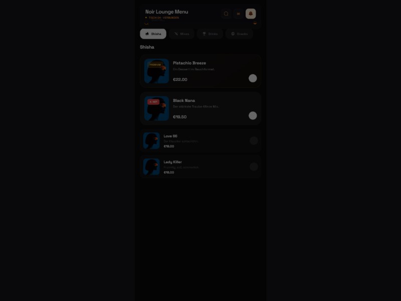 Preview for NOIR Shisha & Bar Mobile Ordering Template