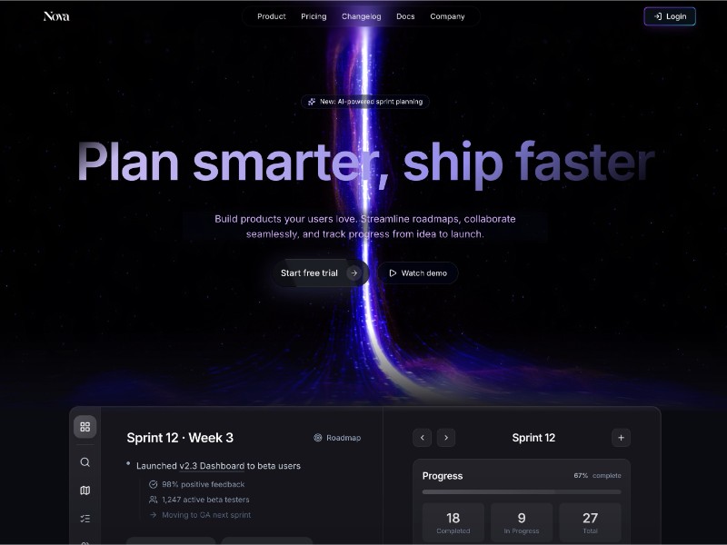 Preview for Nova Product Management Landing Page Template