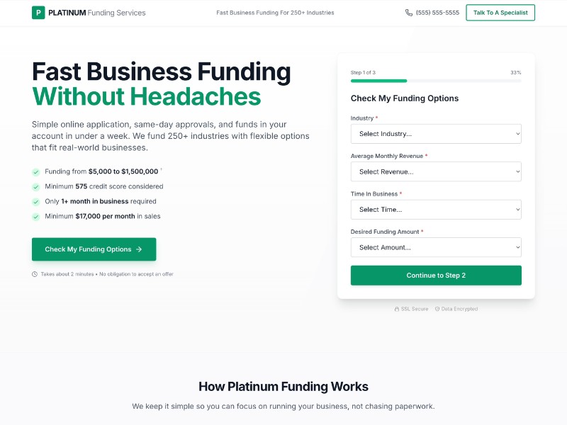 Preview for Business Funding Services Landing Page Template