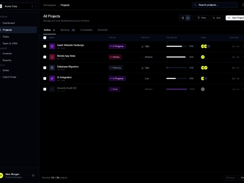 Preview for SaaS Projects Dashboard UI Template
