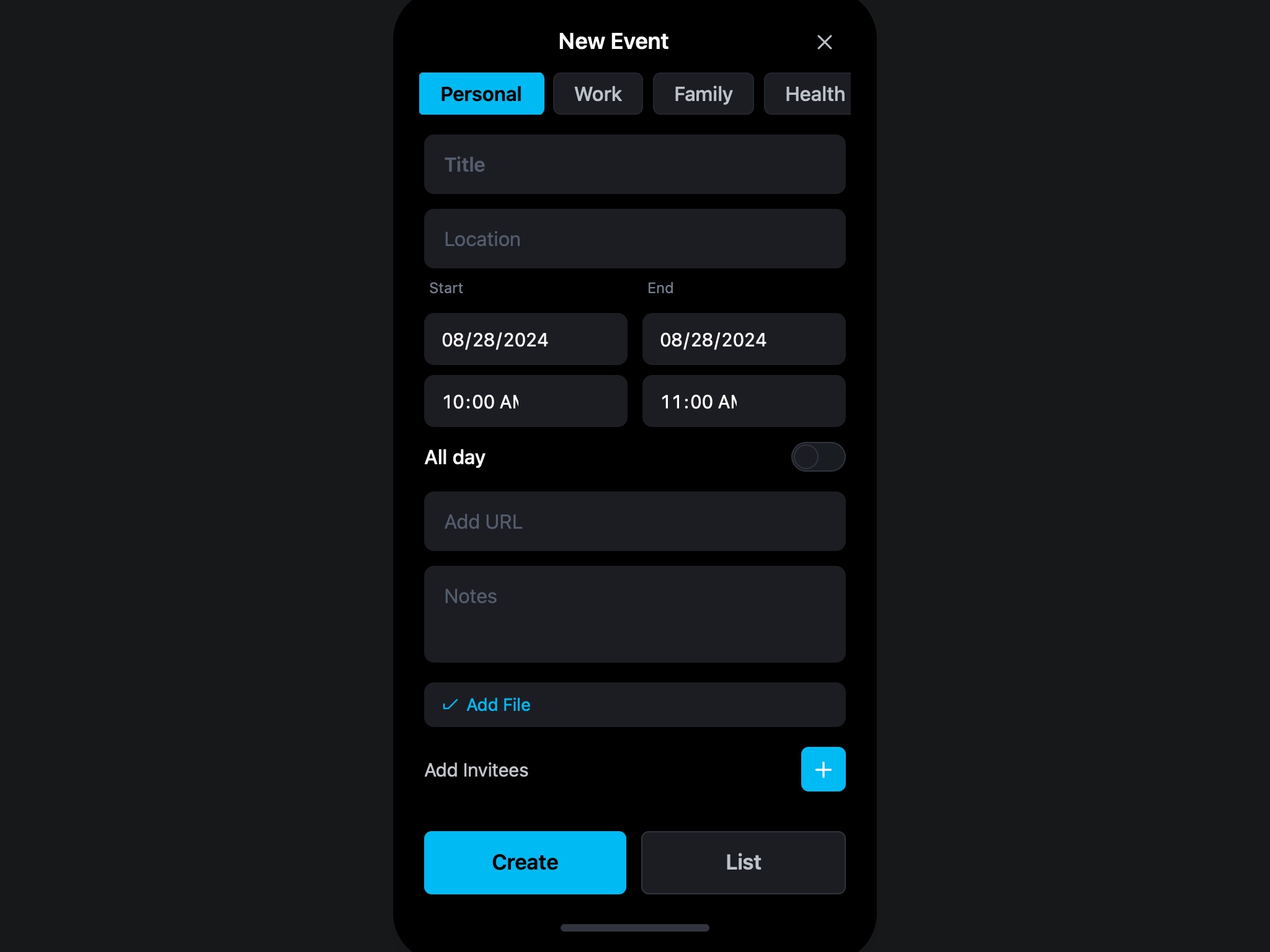 Preview for Event Creation Modal with Categories