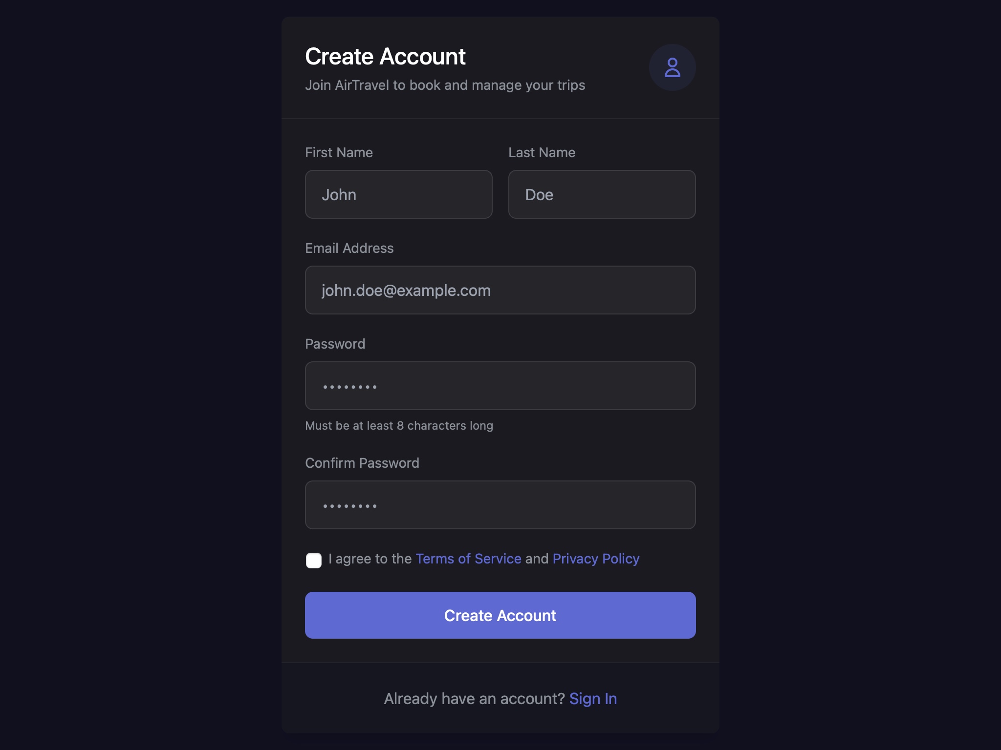 Preview for User Account Registration Form
