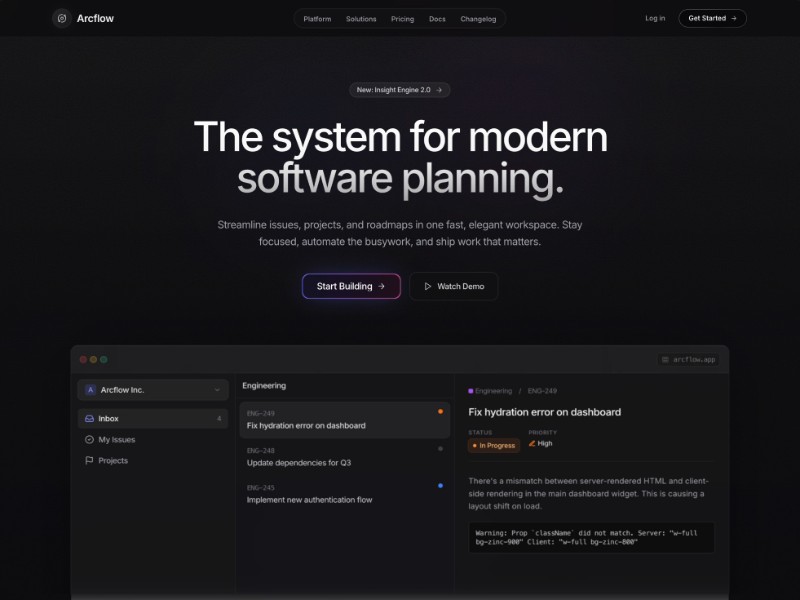 Preview for Arcflow Software Planning Landing Page Template