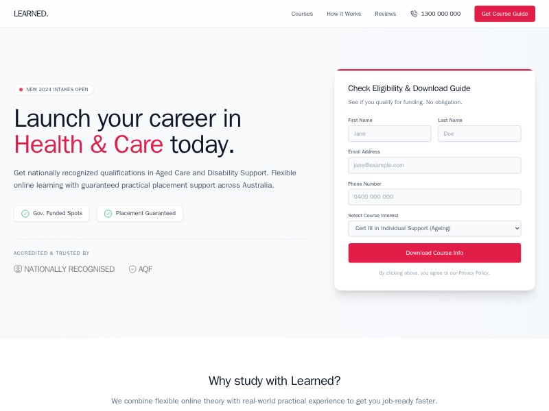 Preview for Health & Care Training Landing Page Template