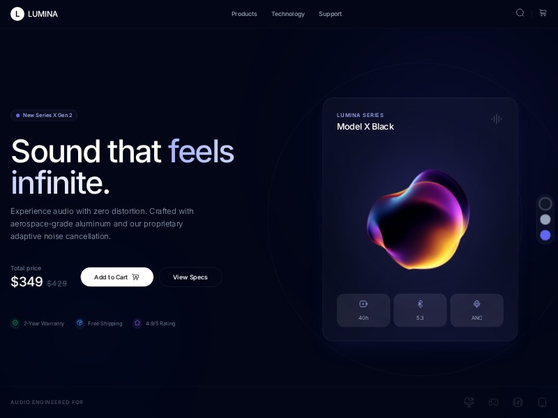 Preview for Lumina Audio E-commerce Landing Page Template