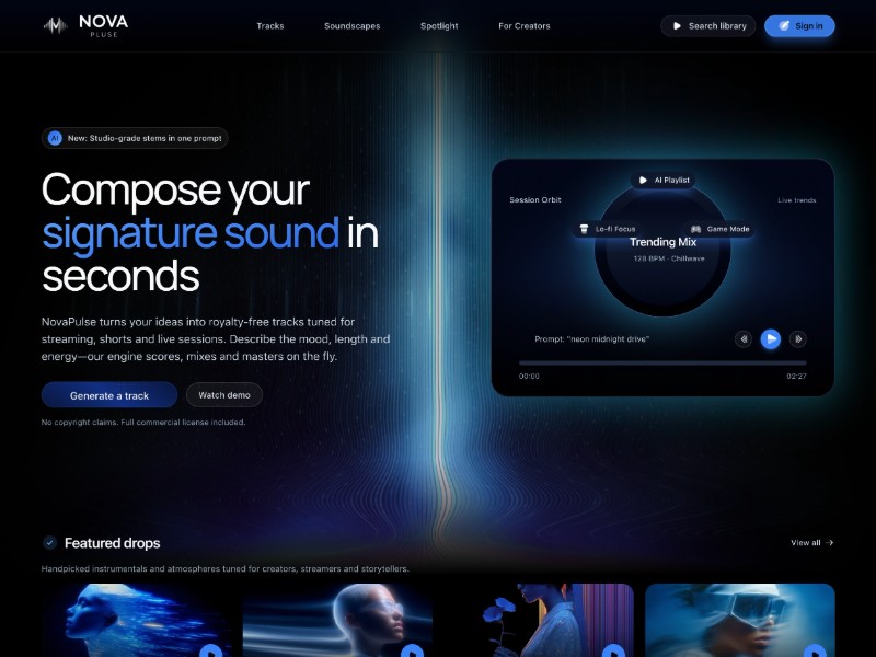Preview for NovaPulse AI Music Studio Landing Page Template