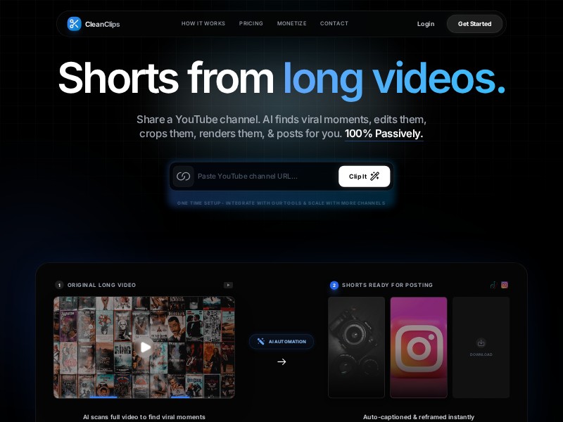Preview for CleanClips AI Video Shorts Landing Page Template