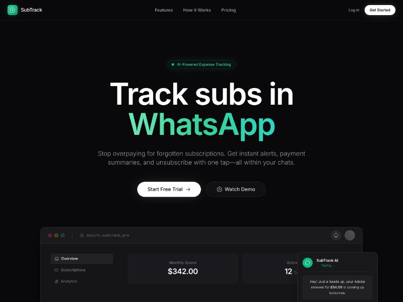 Preview for SubTrack Pro WhatsApp SaaS Landing Page Template