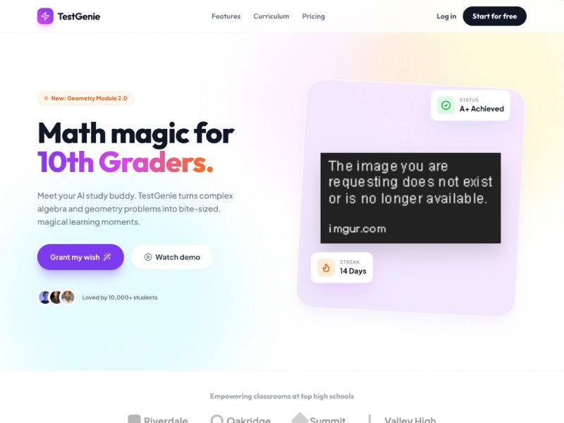 Preview for TestGenie 10th Grade Math SaaS Landing Page Template