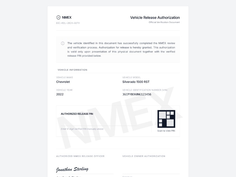 Preview for Vehicle Release Authorization Document Template