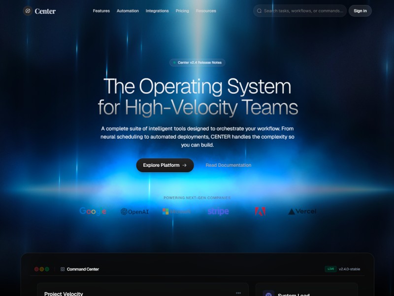 Preview for Center AI Productivity SaaS Landing Page Template
