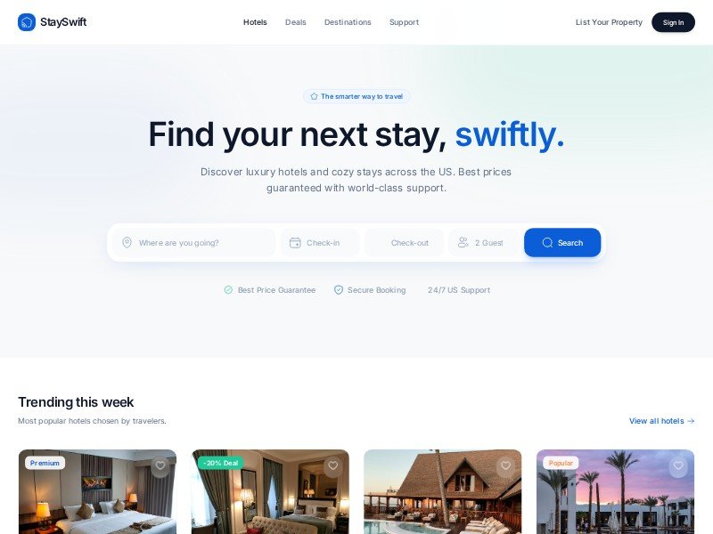 Preview for StaySwift Hotel Booking Landing Page Template