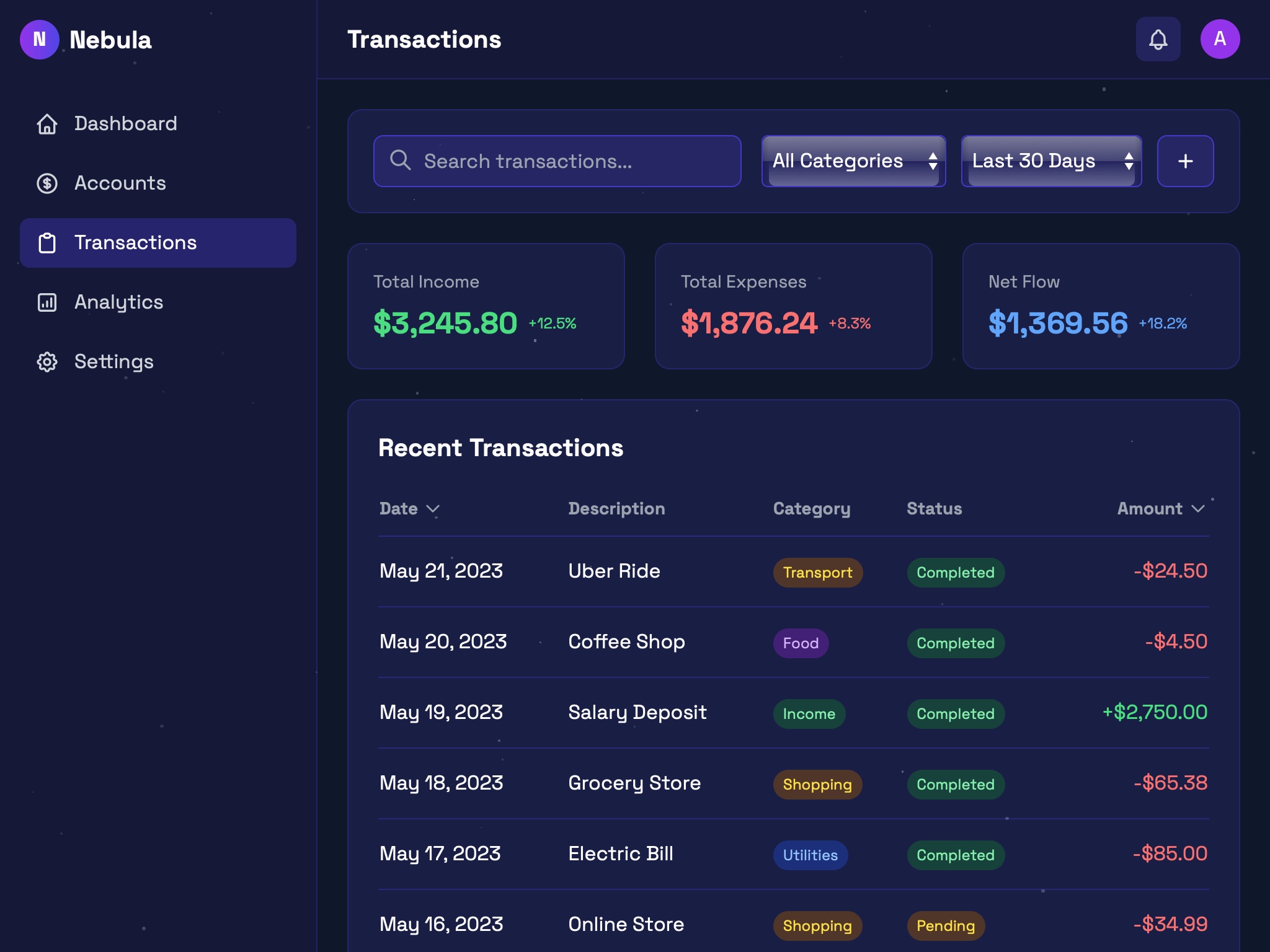 Preview for Sidebar Layout with Transaction Filters