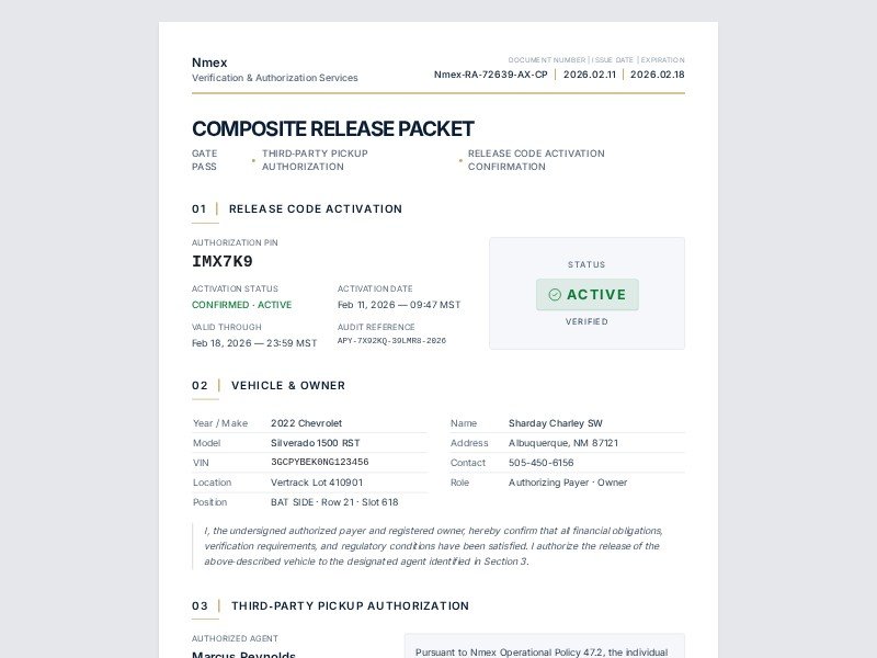 Preview for Vehicle Release Packet Document Template