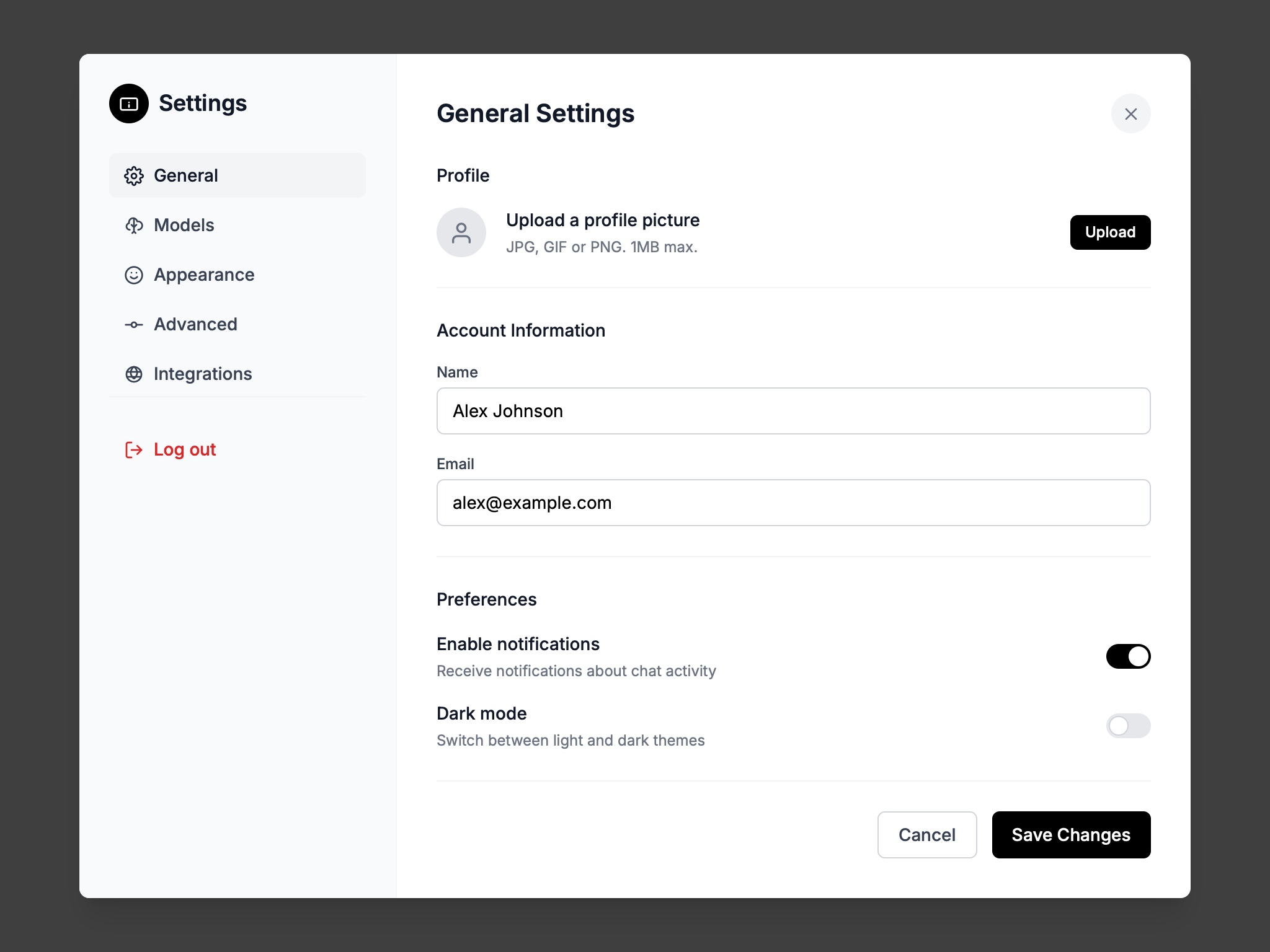 Preview for Chat Interface Settings Panel