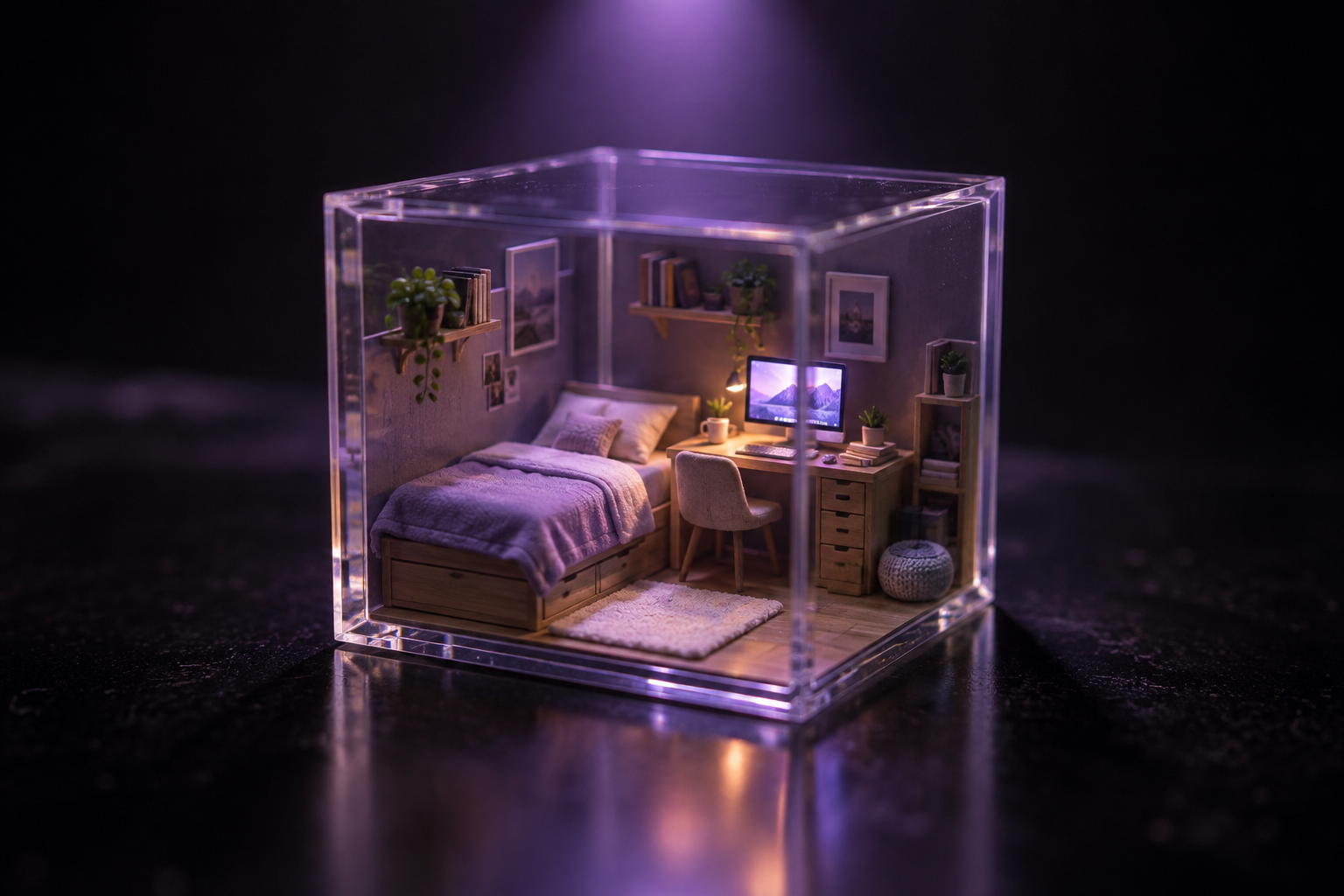 A miniature bedroom diorama inside a clear acrylic cube