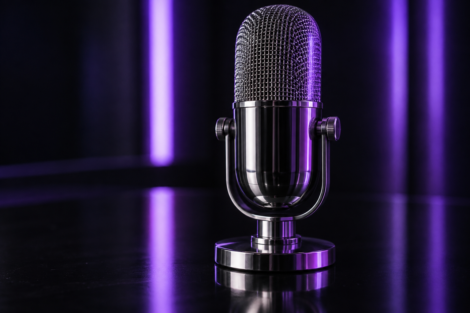 A chrome studio microphone in violet light
