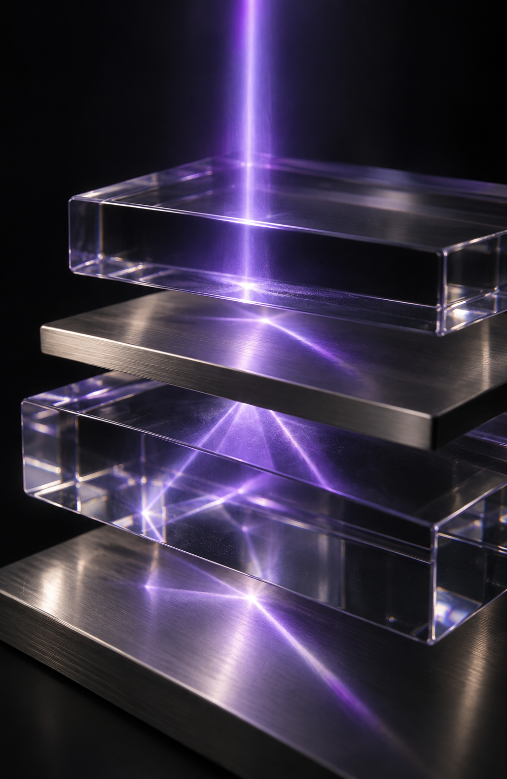 Glass and steel plates refracting a violet beam